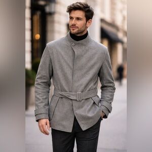(C1) OAK TREE, Men's Classic Vintage Grey Wool Coat, Size L